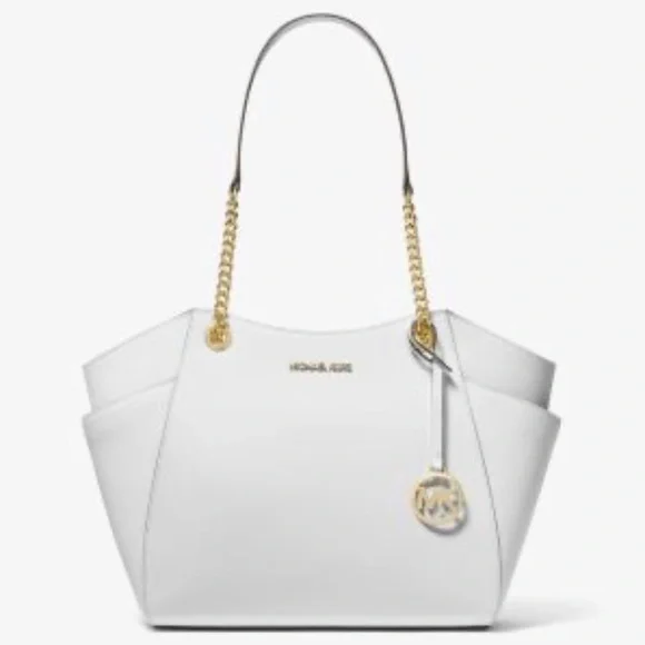 NWT Michael Kors Shoulder Bag Jet Set Large Saffiano Leather Optic White w Gold - Picture 8 of 9